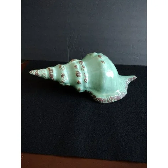 Ceramic Seashell Glazed Conch Shell Beach Ocean 10" Sea Green Sculpture Figurine